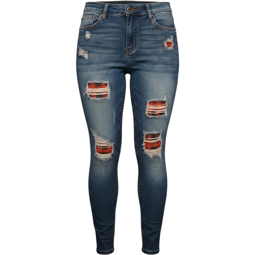Judy Blue Womens 16W Skinny Jean Distressed Buffalo Plaid Patch Medium Wash Blue